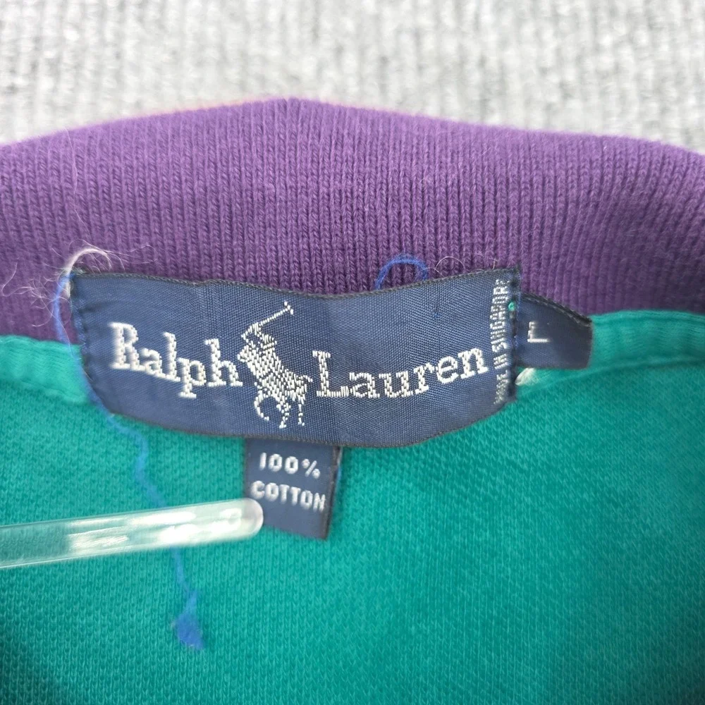 Ralph Lauren Kids Green Pique Polo Shirt Purple Striped Collar Large L